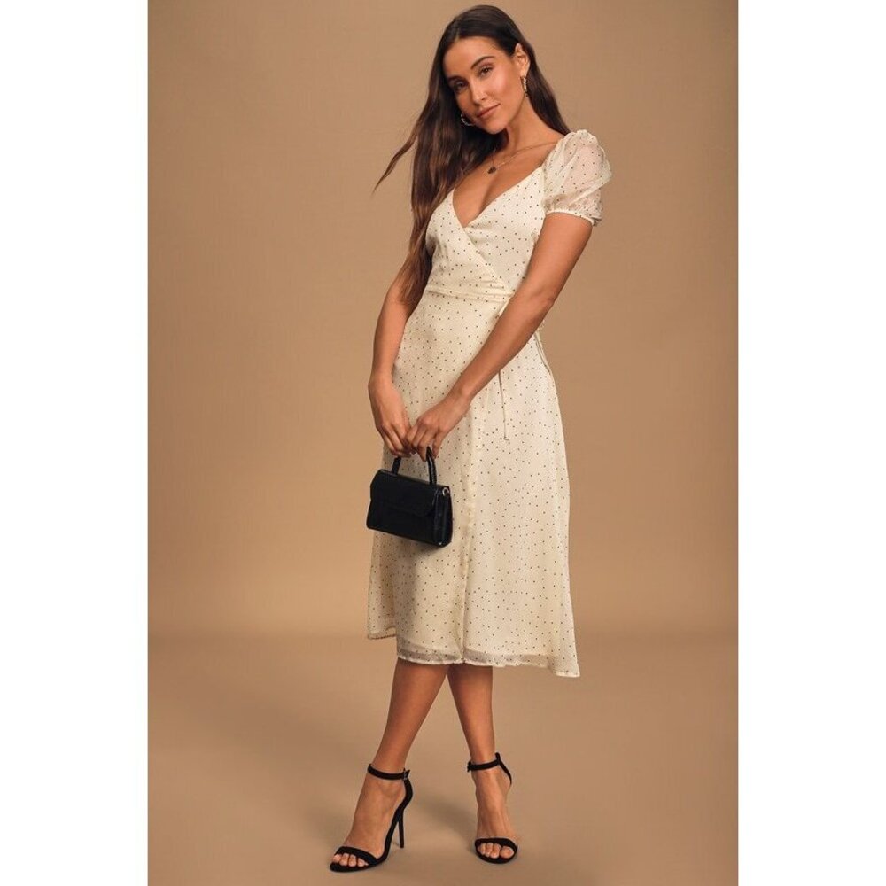 Lulus Well Spotted Cream And Black Polka Dot Wrap Midi Dress - Size M